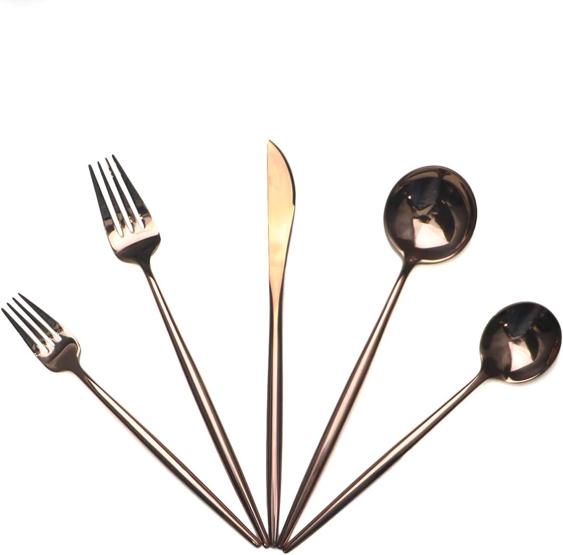 Portable Silverware Set - 5-Piece Flatware Cutlery Set - 18/10 Stainless Steel - Mirror Polishing Rose Gold - Travel Elegant Modern Utensils - Service for 1 Include Steak Knife Dinner Fork Spoon