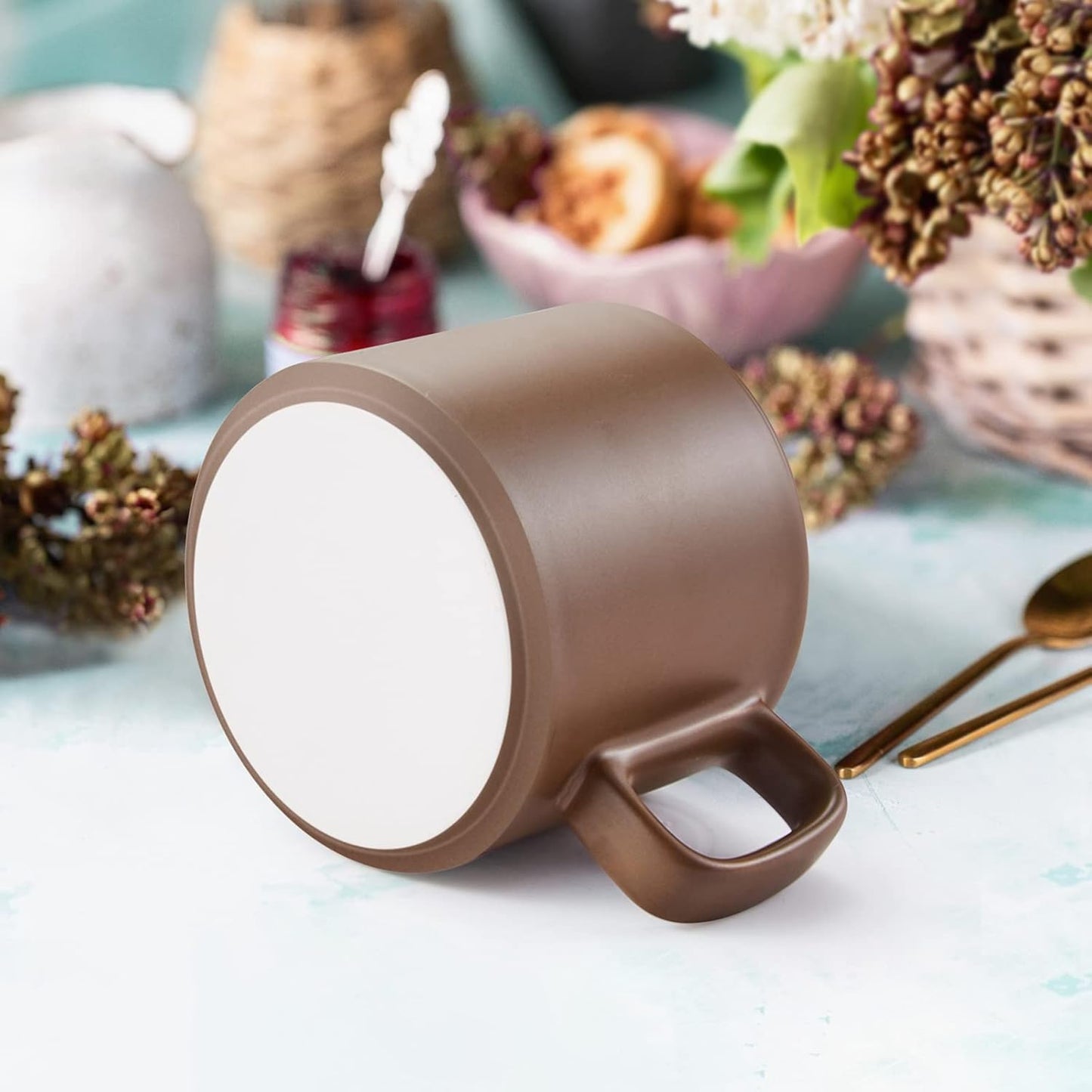 VOBAGA Coffee Mug 11 oz Tea Cup with Flat-Bottom Warming Coffee Milk for Office and Home (Brown)