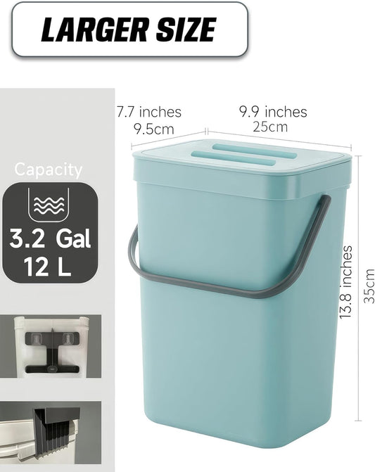 Kitchen Compost Bin - 3.2 Gallons Hanging Trash Can with Lid for Kitchen Bathroom, Under Sink Trash Can, Outdoor Compost Bucket with Lid, 12L(Subtle Blue)