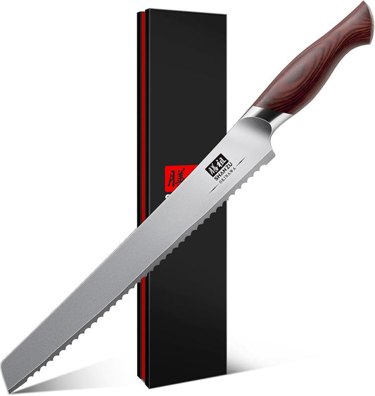 SHAN ZU 10 Inch Bread Knife, Razor Sharp Sourdough Slicing Knife, Japanese High Carbon 10Cr15Mov Stainless Steel Cake Knife, Multifunction Serrated knife for Homemade Bread