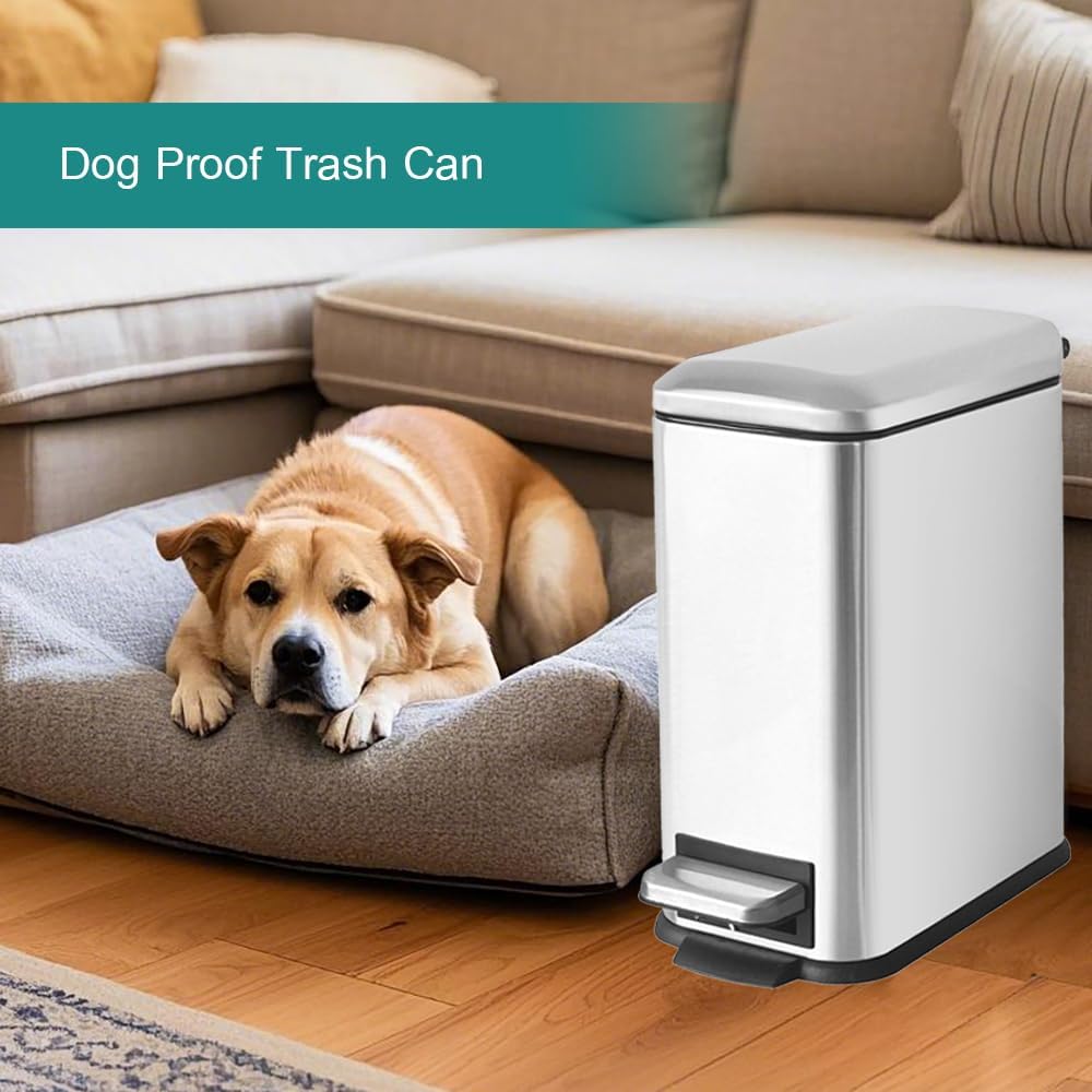 Small Bathroom Trash Can with Lid, 1.3 Gallon Stainless Steel Trash Can with Removal Inner Bucket, Soft Close Lid, Step Pedal, Compact Trash Bin for Bedroom, Office, Kitchen (Silver)