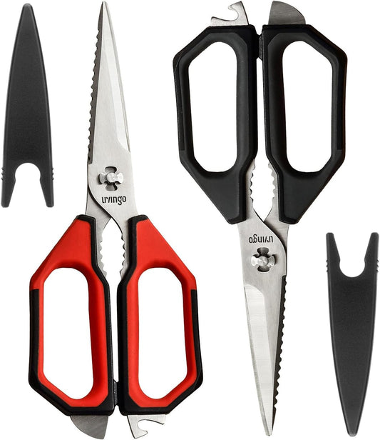 LIVINGO Kitchen Scissors Set All Purpose - Heavy Duty Stainless Steel Come Apart Food Shears for Cutting Meat, Vegetables, Dishwasher safe, 2 Pack, Red Black Multi-Function Handles