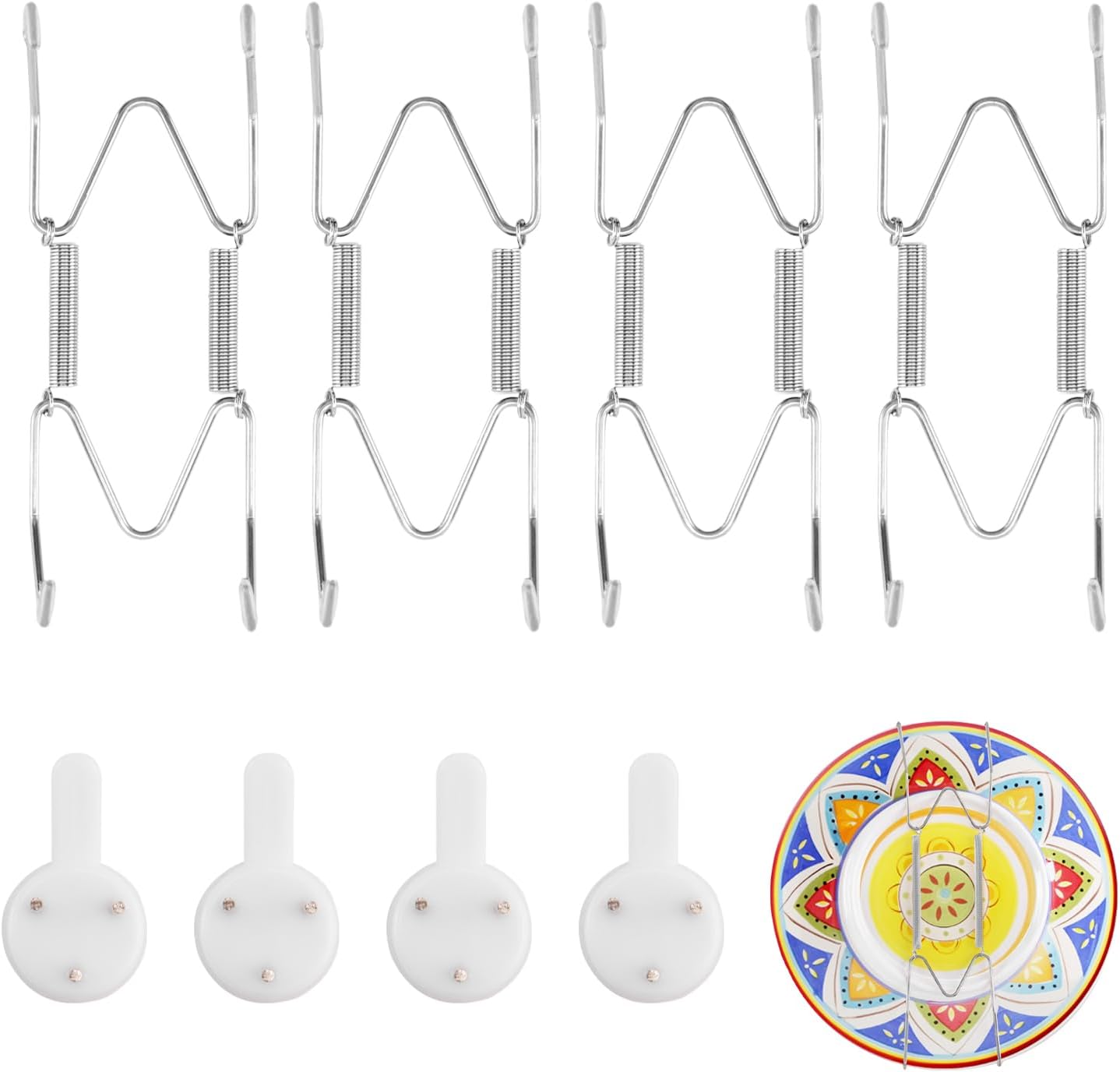 4 Pack Plate Hangers for The Wall Suitable for 4-5 inch Small Decorative Plate, Invisible Stainless Steel Plate Hangers for Display with Wall Hooks, for Plates/Platter/Dish/Picture(Silver)