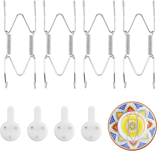 4 Pack Plate Hangers for The Wall Suitable for 4-5 inch Small Decorative Plate, Invisible Stainless Steel Plate Hangers for Display with Wall Hooks, for Plates/Platter/Dish/Picture(Silver)