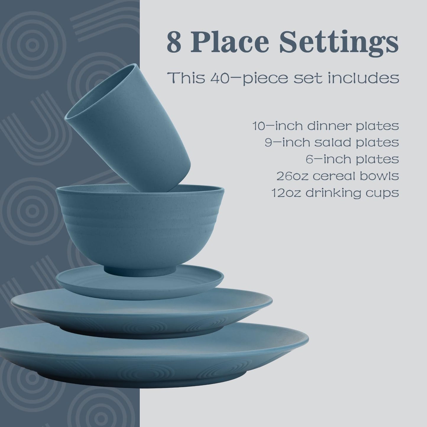 Wheat Straw Dishes Set 40 PCS, Unbreakable Dinnerware Set of 8 - Dinner Plates, Cereal Bowls, Water Cup, Lightweight, Reusable, Microwave & Dishwasher Safe Bowls for Kitchen and Outdoor - Blue