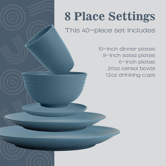 Wheat Straw Dishes Set 40 PCS, Unbreakable Dinnerware Set of 8 - Dinner Plates, Cereal Bowls, Water Cup, Lightweight, Reusable, Microwave & Dishwasher Safe Bowls for Kitchen and Outdoor - Blue