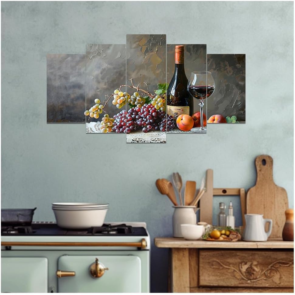 DOARTDO 5 Pieces Kitchen Wall Art Wine and Fruit Grape Pictures Food Canvas Prints Red Wine Cups Painting Large Kitchen Dining Room Bar Cellar Decor Framed (Purple, (10x16inx2 10x20inx2 10x24inx1))