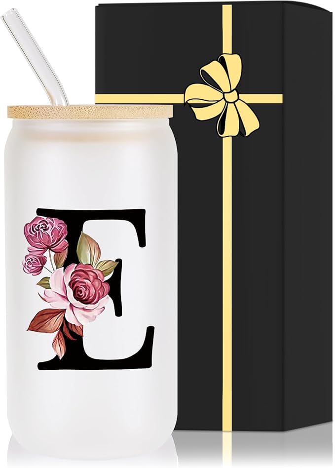 Monogrammed Glass Drinking Cup With Lid Straw Best Female Friend Happy Birthday Gift Ideal Close Women Bf Stuff Bestie Soul Sister Ever Long Distance Personalized Unique Cute Christmas Xmas Present,E