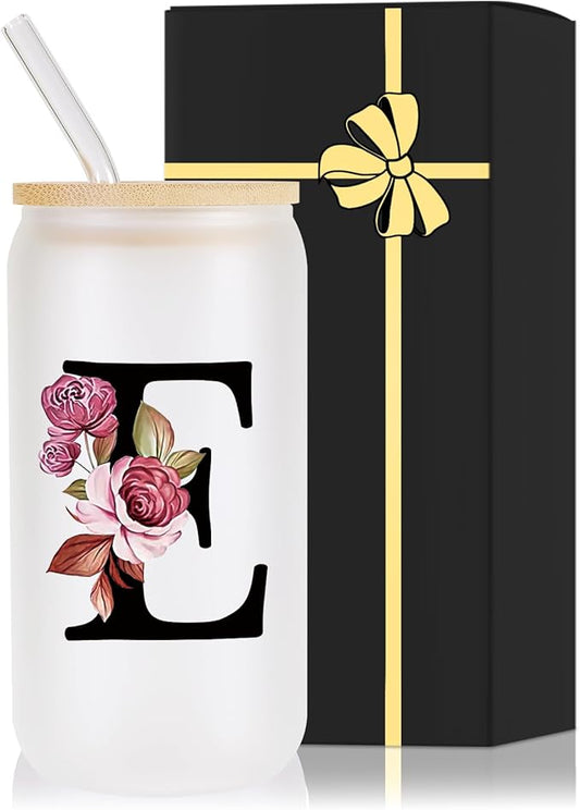 Monogrammed Glass Drinking Cup With Lid Straw Best Female Friend Happy Birthday Gift Ideal Close Women Bf Stuff Bestie Soul Sister Ever Long Distance Personalized Unique Cute Christmas Xmas Present,E