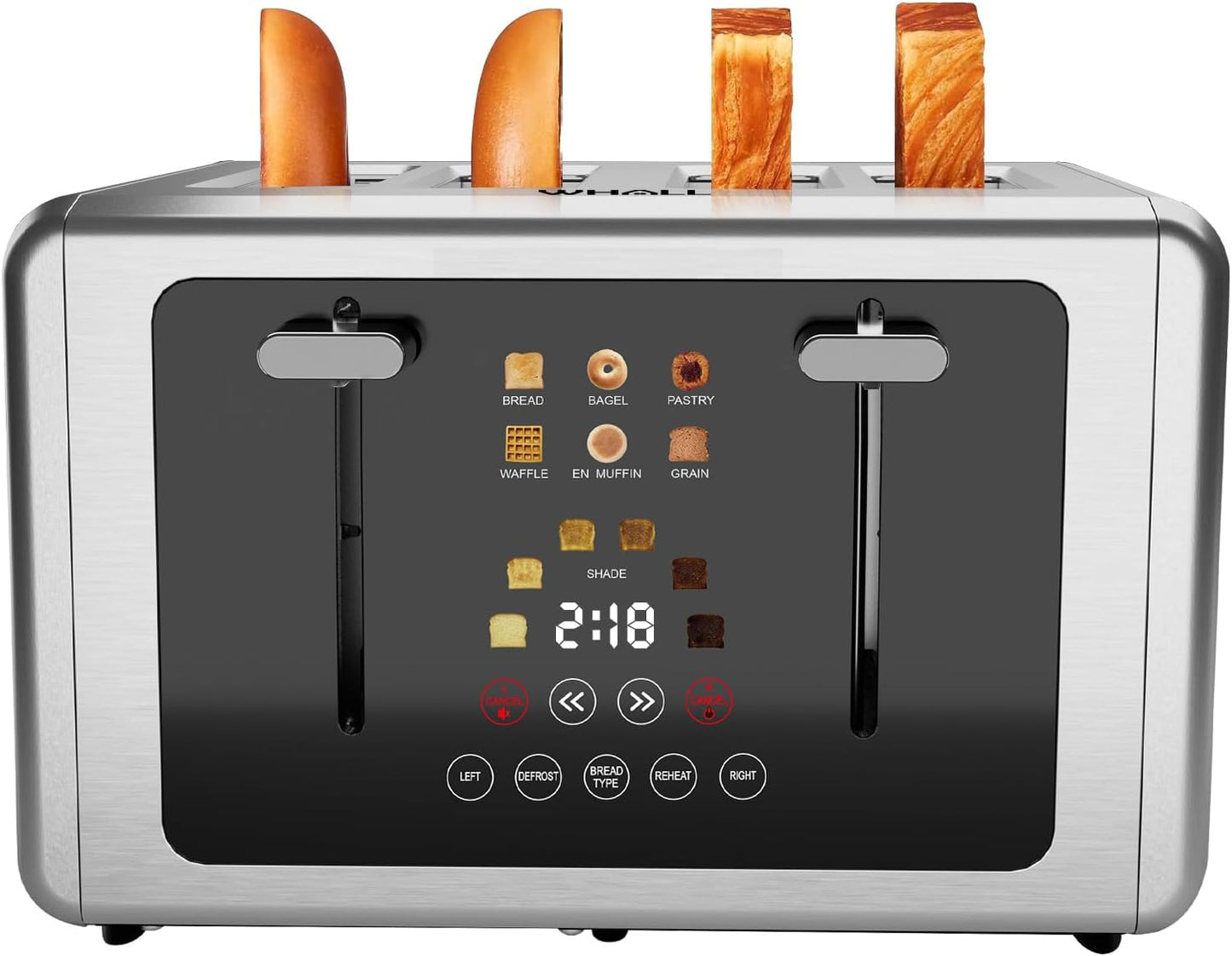 whall 4 Slice Touch Screen Toaster, Stainless Steel Toasters Digital Timer, Dual Control Panel Toasters，6 Shade Settings＆6 Bread Types, Smart Wide Slots, Bagel, Cancel, Defrost,Gray