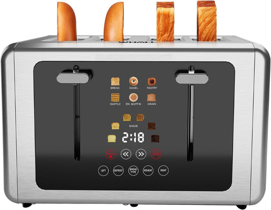 whall 4 Slice Touch Screen Toaster, Stainless Steel Toasters Digital Timer, Dual Control Panel Toasters，6 Shade Settings＆6 Bread Types, Smart Wide Slots, Bagel, Cancel, Defrost,Gray