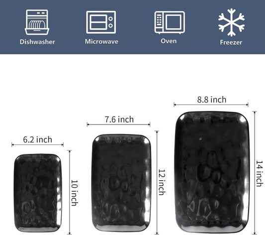 vicrays Ceramic Rectangle Serving Platters - 14" 12" 10" Porcelain Serving Trays Plates for Party BBQ Appetizers Sushi Dessert - Microwave Oven and Dishwasher Safe - Set of 3 Bright Black