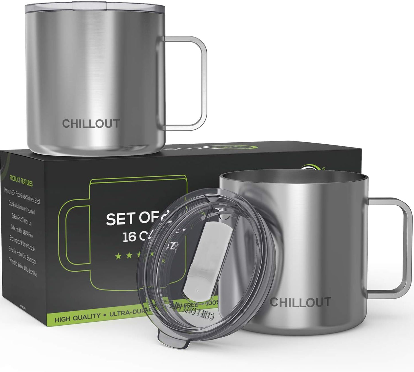 CHILLOUT LIFE Stainless Steel Vacuum Insulated Coffee Mug 16 oz (Set of 2) with Handle and Lid, Large Thermal Camping Coffee Mugs with Sliding Lid for Men & Women, Keeps Your Beverages Hot & Cold