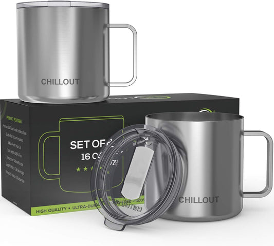 CHILLOUT LIFE Stainless Steel Vacuum Insulated Coffee Mug 16 oz (Set of 2) with Handle and Lid, Large Thermal Camping Coffee Mugs with Sliding Lid for Men & Women, Keeps Your Beverages Hot & Cold