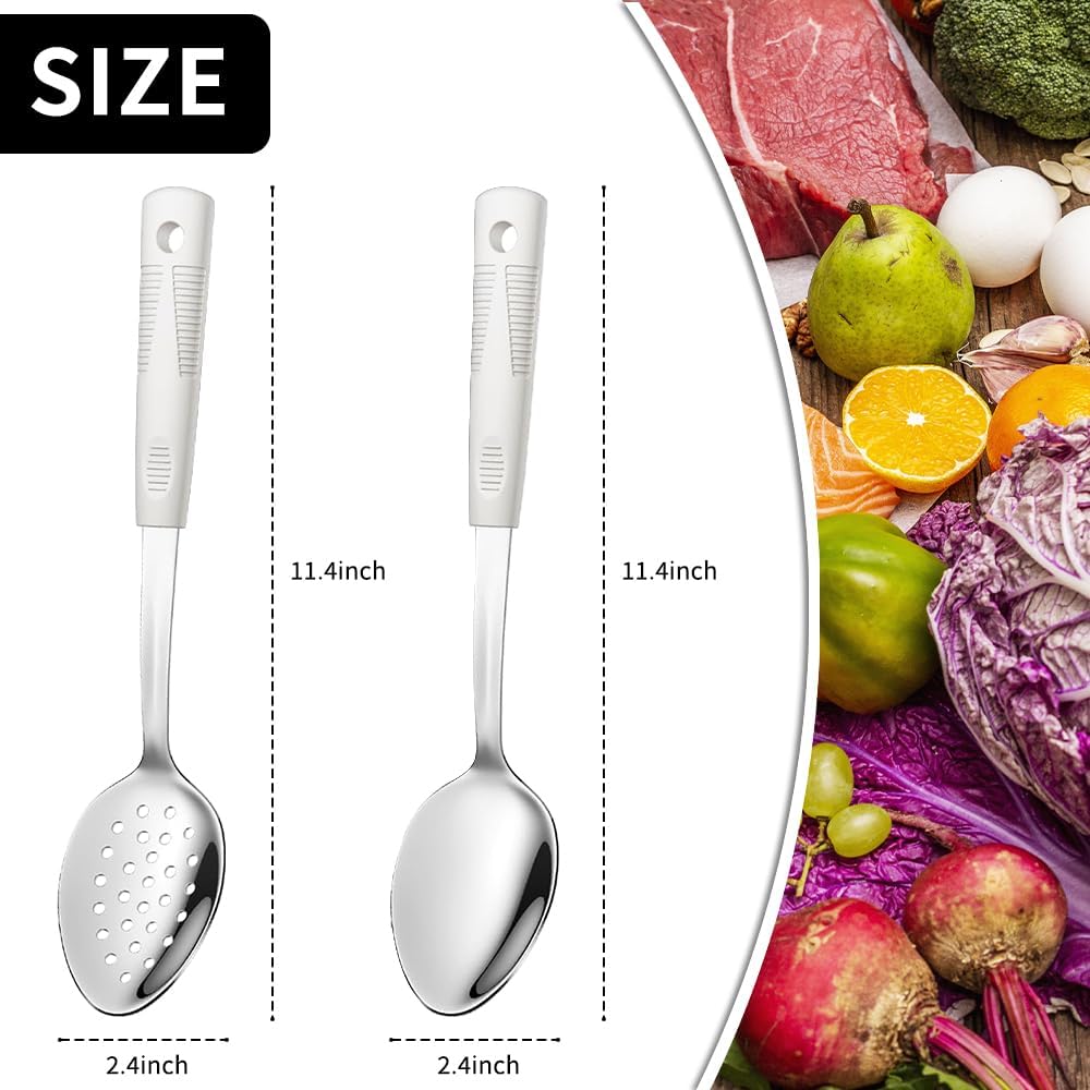 2-Piece,Stainless Steel Serving spoons set with Slotted Spoon.Serving Spoon and Perforated Spoon, kitchen cooking serving utensils set cooking spoon-Beige