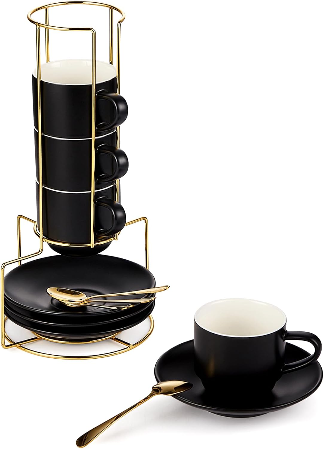 Lareina 8 Ounce Porcelain Cappuccino Cups Set of 4, Stackable Coffee Cups with Saucers, Spoons and Metal Stand -for Specialty Coffee Drinks, Cappuccino, Latte, Americano and Tea, Black