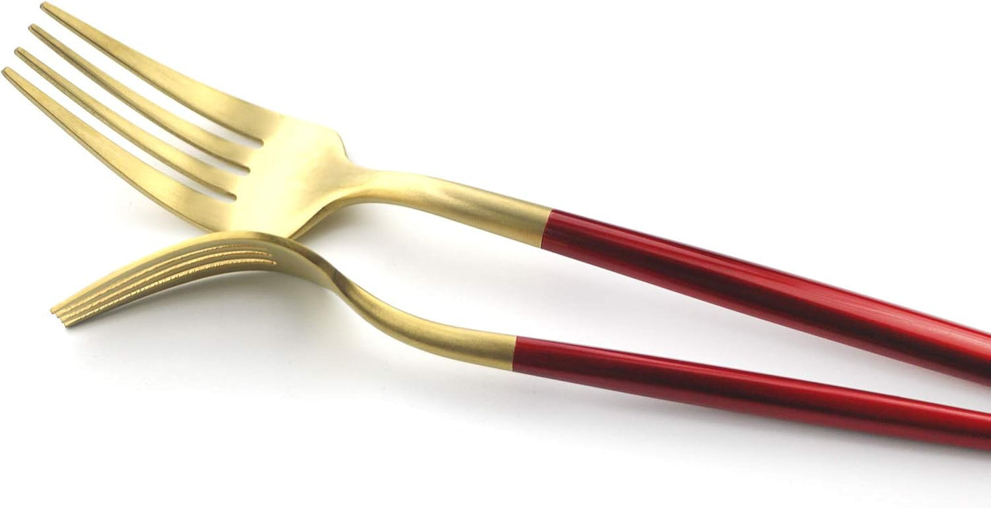 Gugrida 20 Pieces Matte Gold Red Handle 18/10 Stainless Steel Silverware, Flatware Titanium Black Cutlery, Utensils for Home Restaurant Service for 4, Dishwasher Safe (Red Gold)