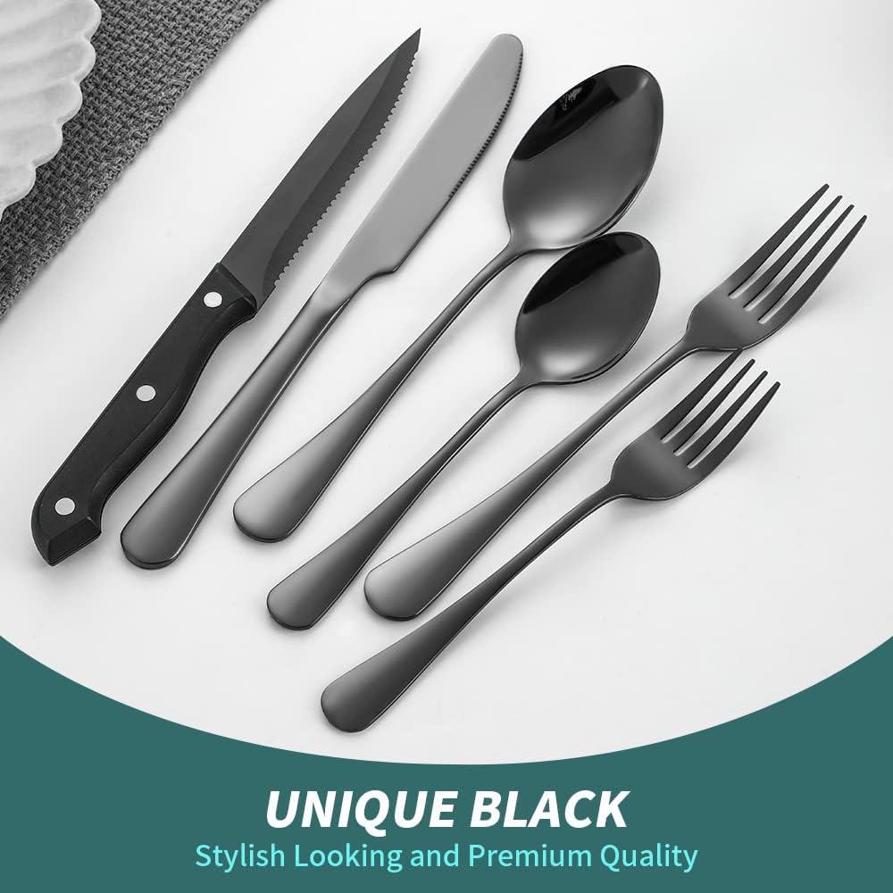 Black Cutlery Set for 4 Silverware Stainless Steel Flatware 24 Piece Fork Spoon Knives Perferct for Parties Restaurant Everyday Kitchen Utensils Mirror Polished