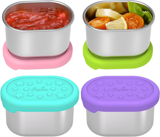 SOPHICO Stainless Steel Salad Dressing Condiment Containers with Leakproof Silicone Lids, 3 oz Mini Sauce Container and Portion Bento Box of Kids Lunch to Go for Snack, Dessert (MIX, 4 PACK)
