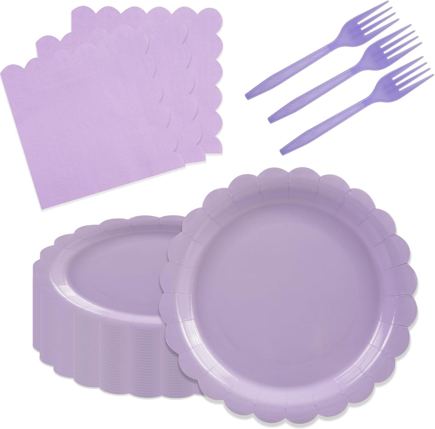 75Pcs Purple Paper Plates-7IN Solid Color Scalloped Disposable Birthday Dinnerware Dinner Party Plates Nakpins Forks for Graduation Baby Shower Bridal Wedding Birthday Party Table Decor-25 Guests