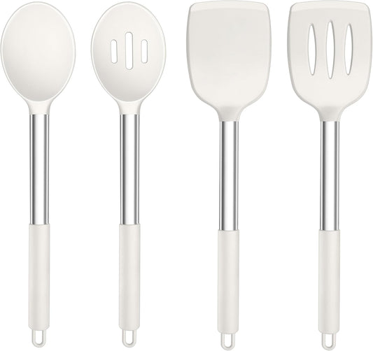 TeamFar Kitchen Utensils, 4 PCS Silicone Cooking Utensils with Stainless Steel Handle, for Nonstick Cookware Frying/Flipping/Draining, Non-toxic & Heat-proof, Non-scratch & Dishwasher Safe