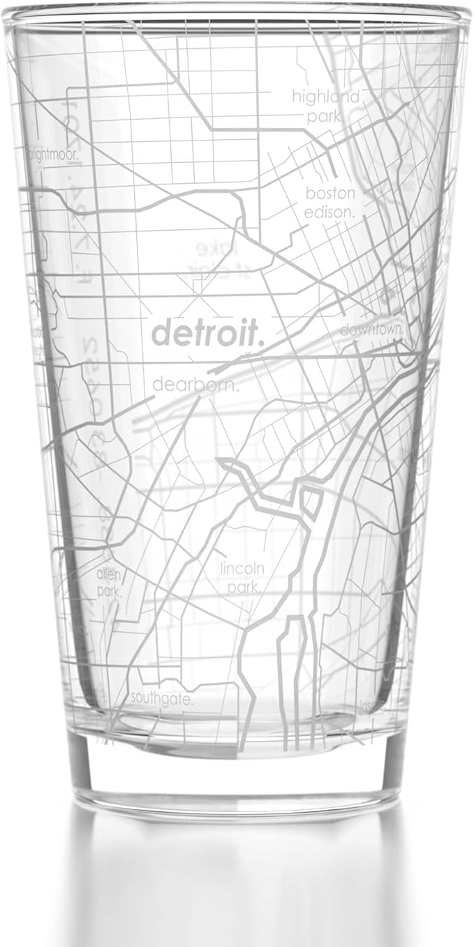 Well Told Engraved Detroit Michigan Map Pint Glass, Etched Beer Gift (16 oz, Clear) City Map Pint, Custom City Glassware, Gifts For Beer Lovers