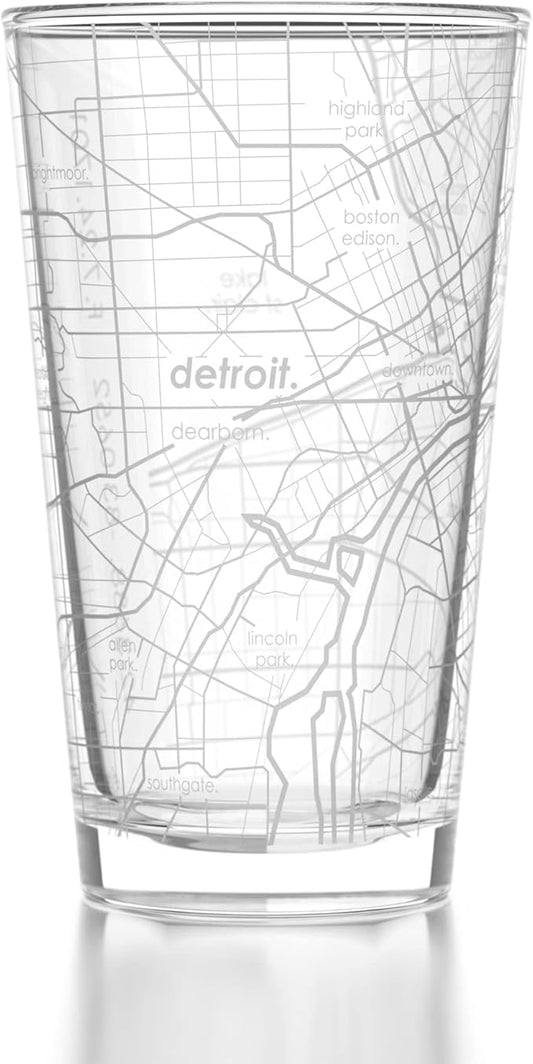 Well Told Engraved Detroit Michigan Map Pint Glass, Etched Beer Gift (16 oz, Clear) City Map Pint, Custom City Glassware, Gifts For Beer Lovers