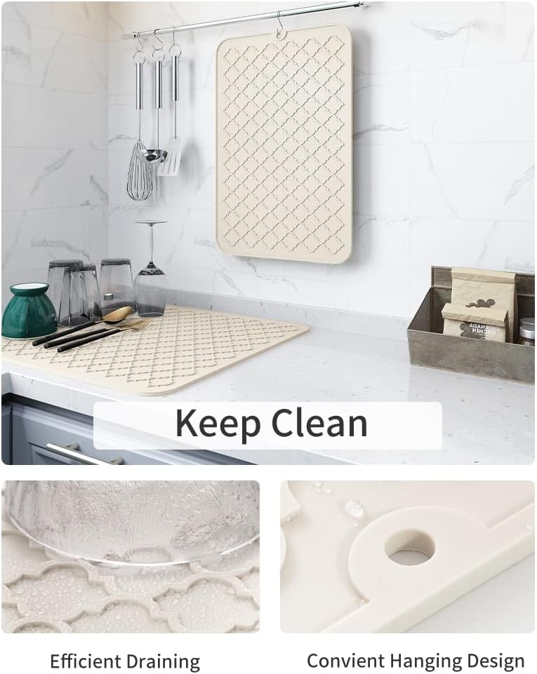 AMOAMI Dish Drying Mat,Heat-resistant,Easy Clean,Silicone Dish Drying Mats for kitchen Counter,Kitchen Gadgets Kitchen Accessories Kitchen Small Appliances (12" x 16", BEIGE)
