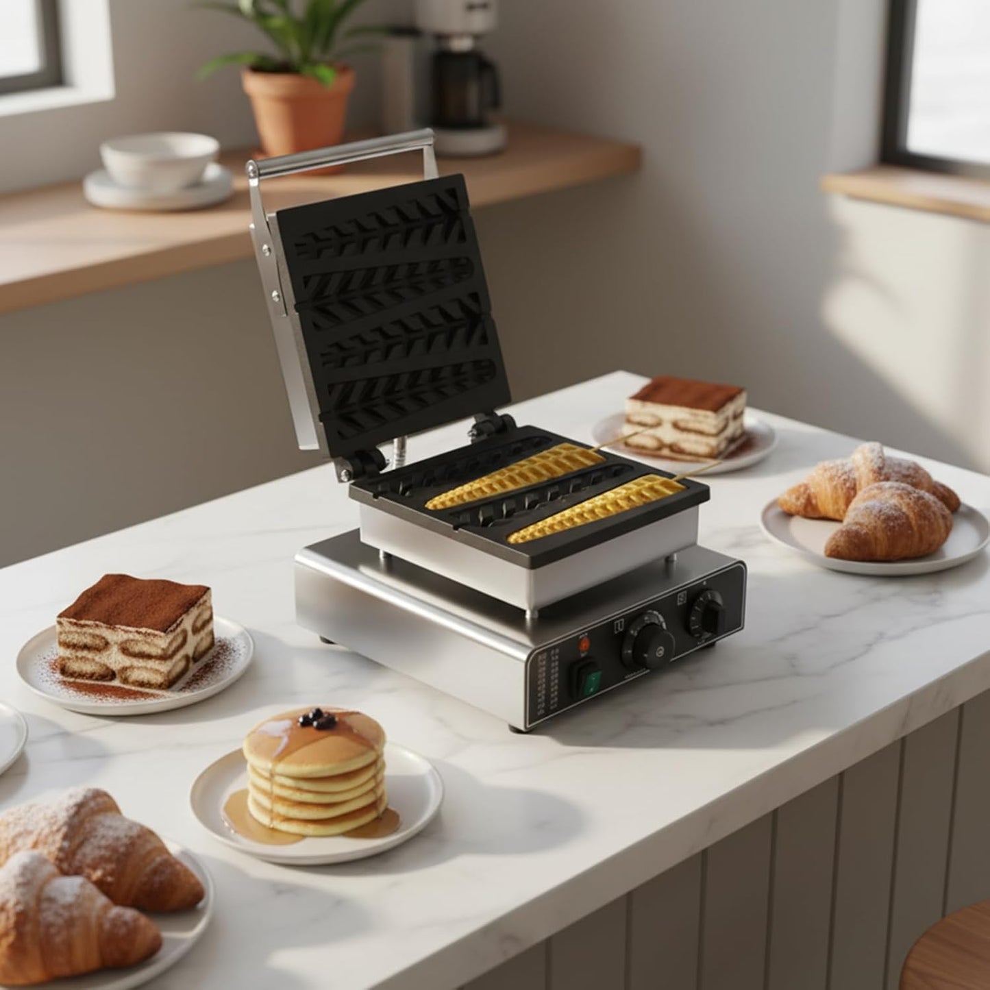 1750 Commercial Waffle Stick Maker, 4 Square Waffle Maker Non-Stick Stainless Steel Belgian Waffle Iron w/Time & Temper Adjustable| Whisk|Food Clip|Brushes, Large Waffle Machine for Restaurant