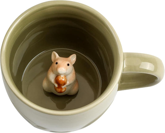 Hamster Ceramic Cup Hidden 3D Animal Inside Mug,Cute Cartoon Handmade Figurine Mug,Christmas Birthday Surprise for Friends Family or Kids (Sage Green Hamster)