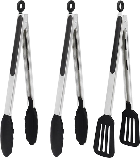12 Inch Kitchen Tongs Set of 3, Silicone Tongs with Silicone Tips and Stainless Steel Handle, Tongs for Cooking, Baking, Grilling