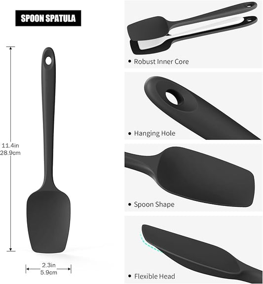 Heat Resistant Silicone Spoon Spatulas, Doosu 600°F High Temp Flexible Cooking Spoons Kitchen Spoonula Scratch-Proof for Mixing Stirring Scraping Serving Non-Stick Cookware (Set of 3, Black)