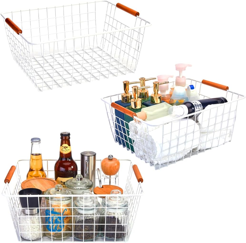LeleCAT Large white wire baskets with Wooden Handles for storage pantry, Storage Organizer Baskets, Household Refrigerator for Cabinets, Closets, Bedrooms, kitchen - Set of 3 White
