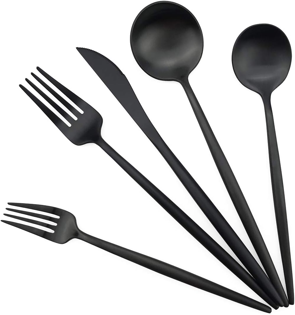 Gugrida Black Flatware, Royal 20 Piece Luxury Matte Finish 18/10 Stainless Steel Tableware Sets for 4 Including Forks Spoons Knives, Camping Silverware Travel Utensils Set Cutlery (Black)