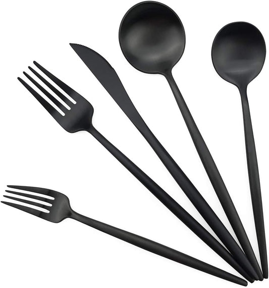Gugrida Black Flatware, Royal 20 Piece Luxury Matte Finish 18/10 Stainless Steel Tableware Sets for 4 Including Forks Spoons Knives, Camping Silverware Travel Utensils Set Cutlery (Black)