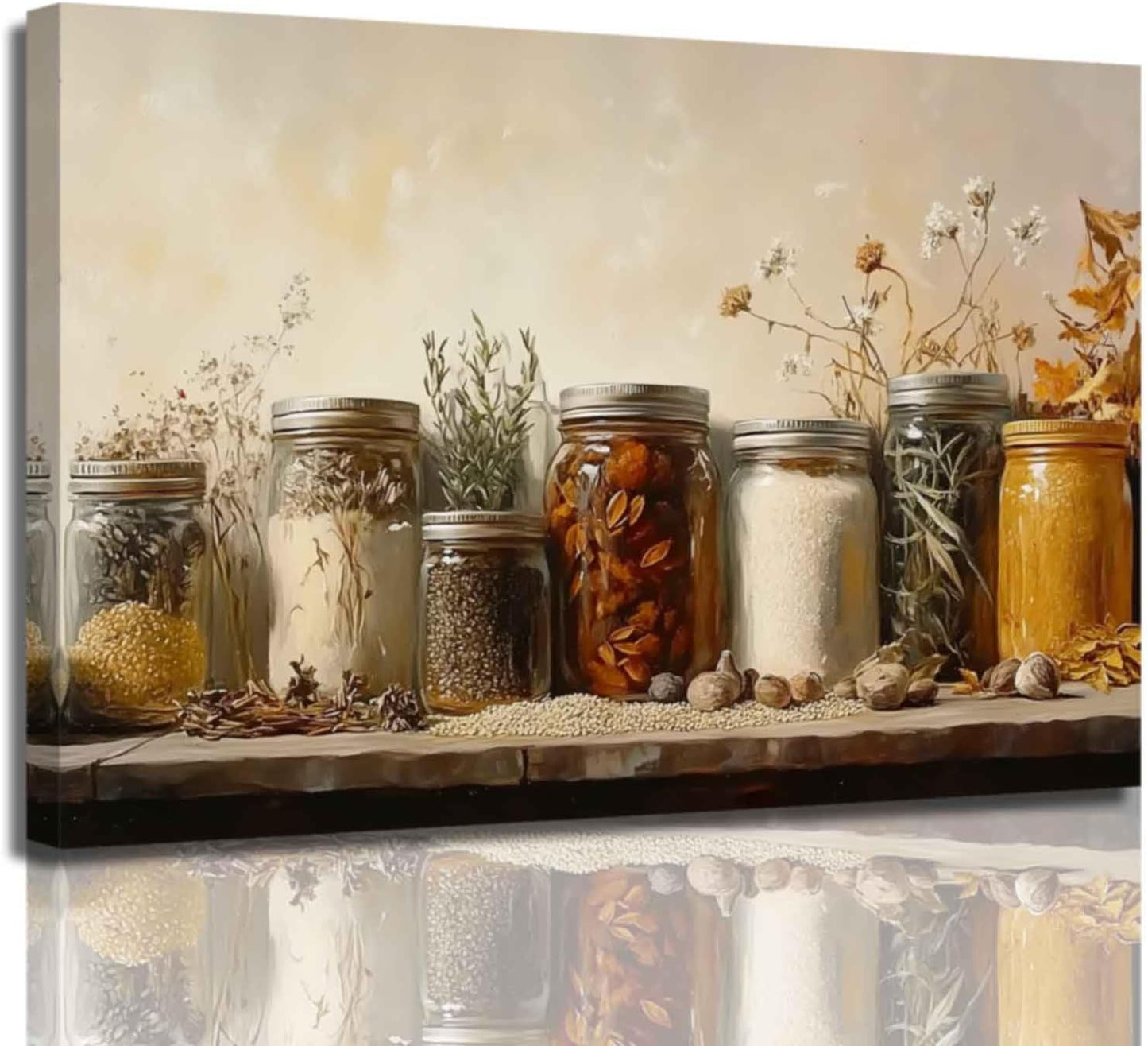 ZSHARTSWD Farm Kitchen Wall Art Country Mason Jar Spice Pictures Still Life Culinary Canvas Print Vintage Spices Food Painting Dining Room Home Decor Framed (Brown, 20.00" x 30.00")