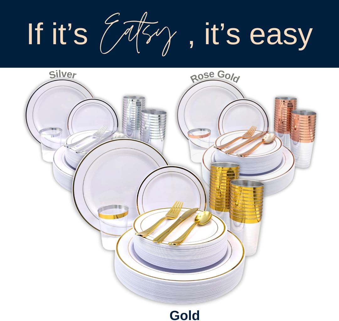 Tableware Dinnerware Set, Premium Heavyweight, Reusable or Disposable Party Plates, Includes Dinner Plate, Dessert Plate, Cutlery, and Cup (Gold, 150-Piece Set, Serves 25 Guests)