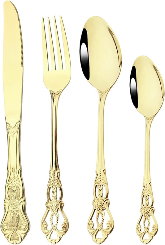 Royal 24-piece Mirror Champagne Gold Silverware Dinnerware, 18/10 Stainless Steel Luxury Flatware Service For 6 Include Knives/Forks/Spoons/Teaspoons, Dishwasher Safe