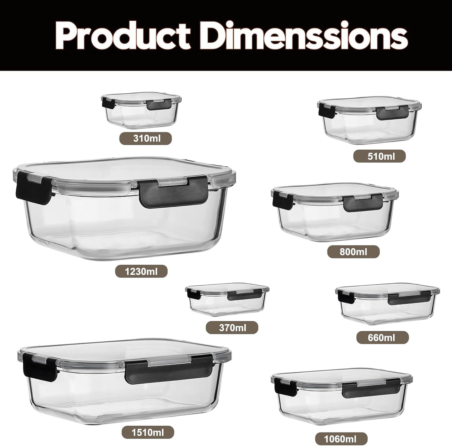 8 Pack Glass Meal Prep Containers with Lids, Extra Thick Airtight Food Storage Set (310ml-1510ml/10.5oz–51oz), Leakproof Lunch Boxes for Leftovers