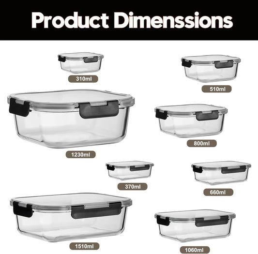 8 Pack Glass Meal Prep Containers with Lids, Extra Thick Airtight Food Storage Set (310ml-1510ml/10.5oz–51oz), Leakproof Lunch Boxes for Leftovers