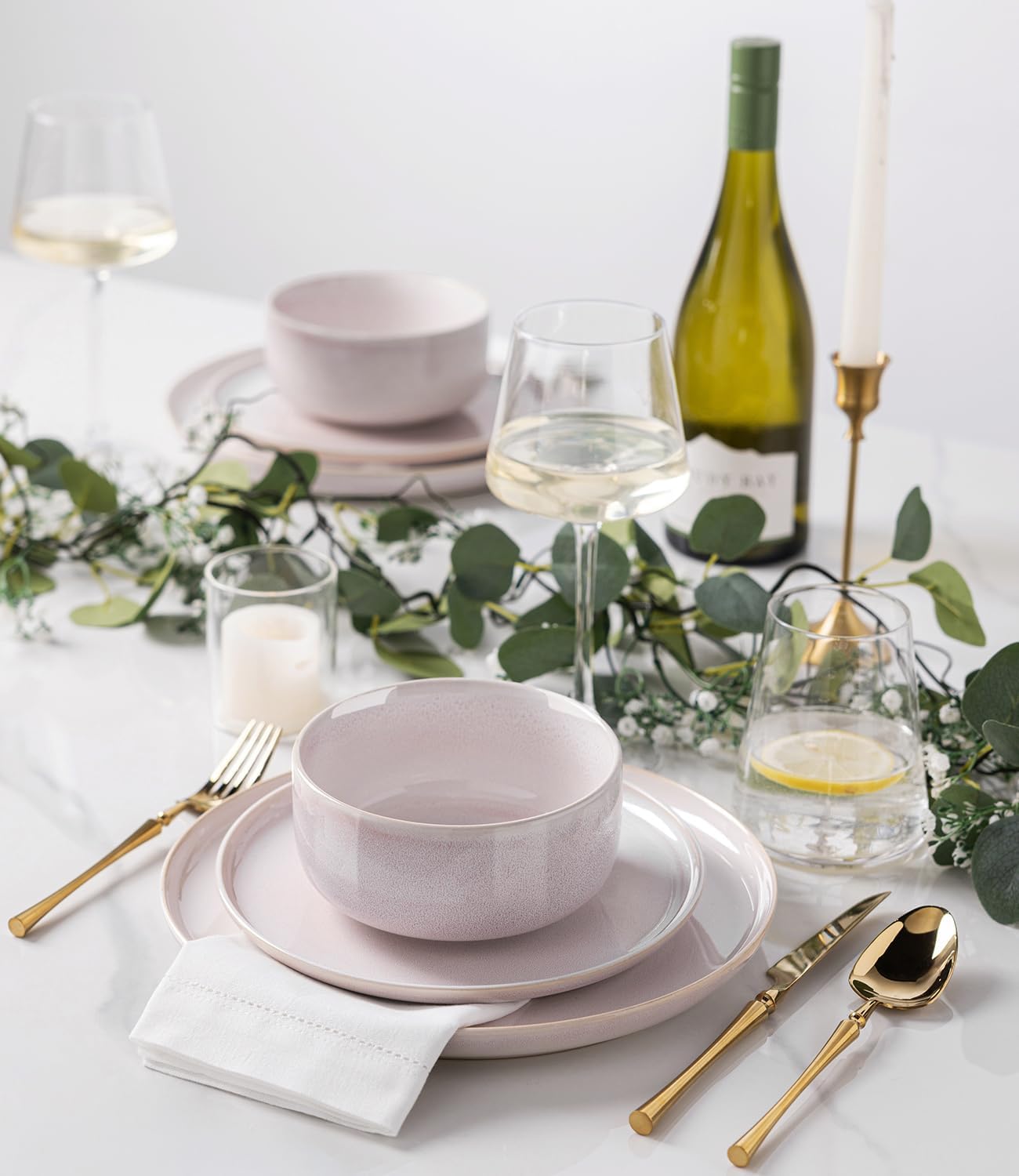 TheTerra Ceramic Dinnerware Sets for 4, 12 Pieces Handmade Reactive Glaze Plates and Bowls Set, Scratch Resistant Dish Set, Oven & Microwave & Dishwasher Safe, Primrose Pink