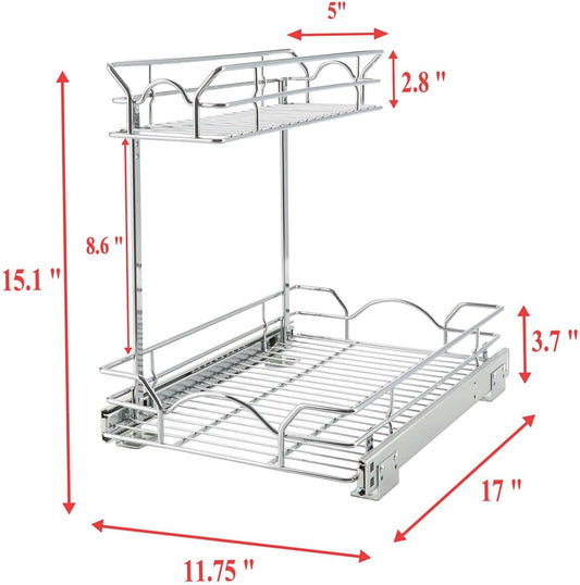 OCG Under Sink Cabinet Organizer Two Tier Pull Out Shelf (11.75W x 17D), Under Sink Sliding Shelf for Kitchen Bathroom Cabinet 2 Tier Chrome