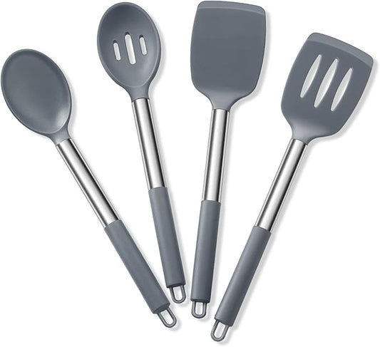Cooking Utensils Set of 4, E-far Silicone Kitchen Utensils for Non-stick Cookware, Heat Resistant & Non-toxic Slotted Spatula Solid Spoon Turner for Flipping Mixing Serving Basting(Grey)