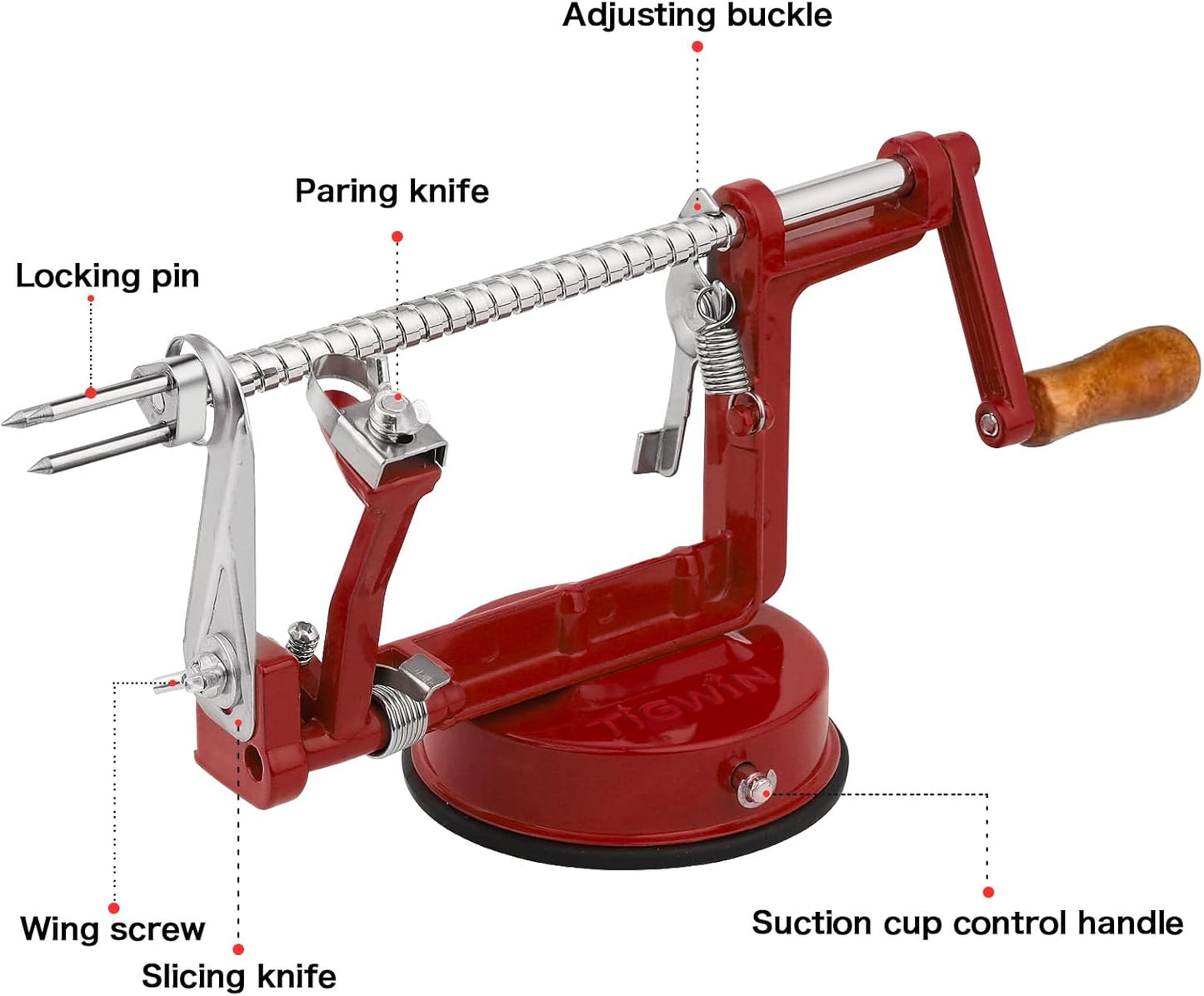 Apple Peeler Corer, Long lasting Chrome Cast Magnesium Alloy Apple Peeler Slicer Corer with Stainless Steel Blades and Powerful Suction Base for Apples and Potato(Deep Red)