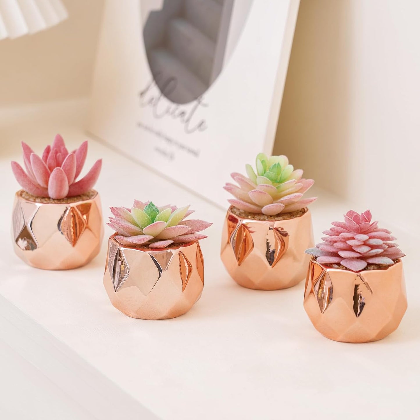 Tiita 4 Pack Artificial Faux Succulents in Pots, Mini Rose Gold Fake Plants for Women Desk, Small Realistic Faux Succulents for Home Office Accessories Window Sill Bathroom Bedroom, Rose Gold