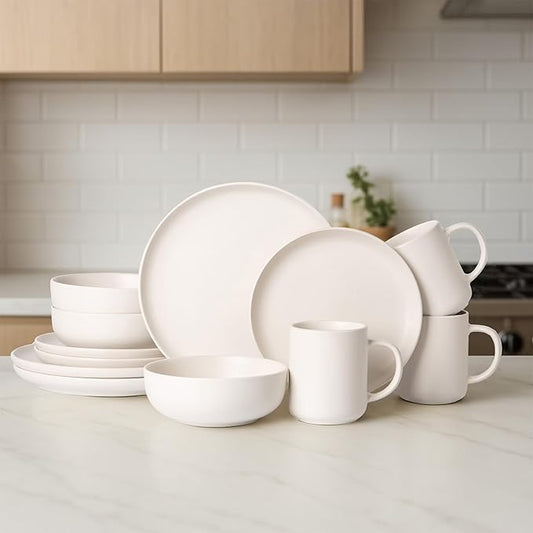 12-Piece Matte White Dinnerware Set,Stoneware Dinnerware for 3, Microwave & Dishwasher Safe, Stackable Design for Kitchen and Dining - Plates,Bowls and Mugs