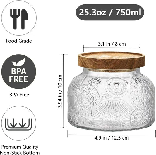 Vintage Decorative Jar 25.4FLOZ Glass Storage Container Mason Jar Candy Coffee Tea Nut Container Sugar Container, transparent, 750-FD1-wood lid
