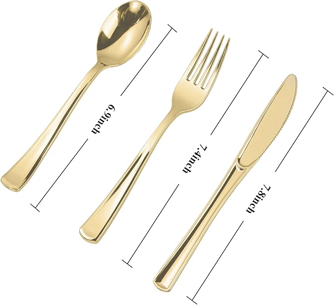 N9R 300PCS Gold Plastic Silverware, Heavy Duty Gold Plastic Cutlery Set Disposable Flatware Dinnerware, 100 Forks, 100 Spoons, 100 Knives, Perfect for Party, Wedding and Daily Use