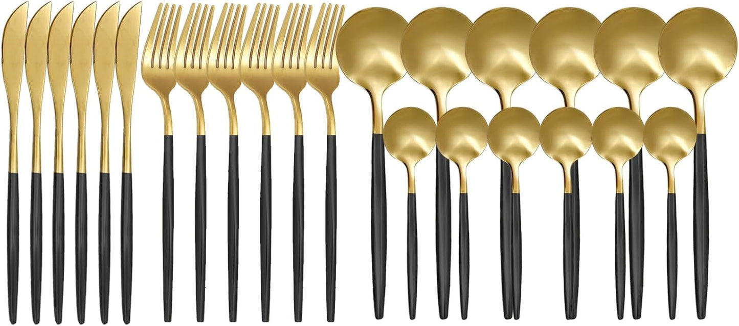 24-Piece Black Golden Flatware Set, Gold Silverware Set for 6, 18/0 Stainless Steel Knife Fork Spoon Teaspoon Silverware Set (Black Golden)