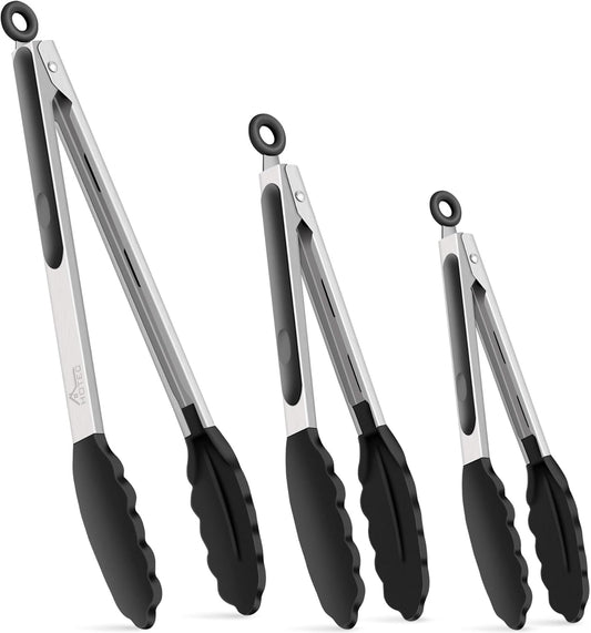 HOTEC Premium Stainless Steel Locking Kitchen Tongs with Silicon Tips, Heat Resistant Cooking Tongs Set of 3-7", 9" and 12" (Black)